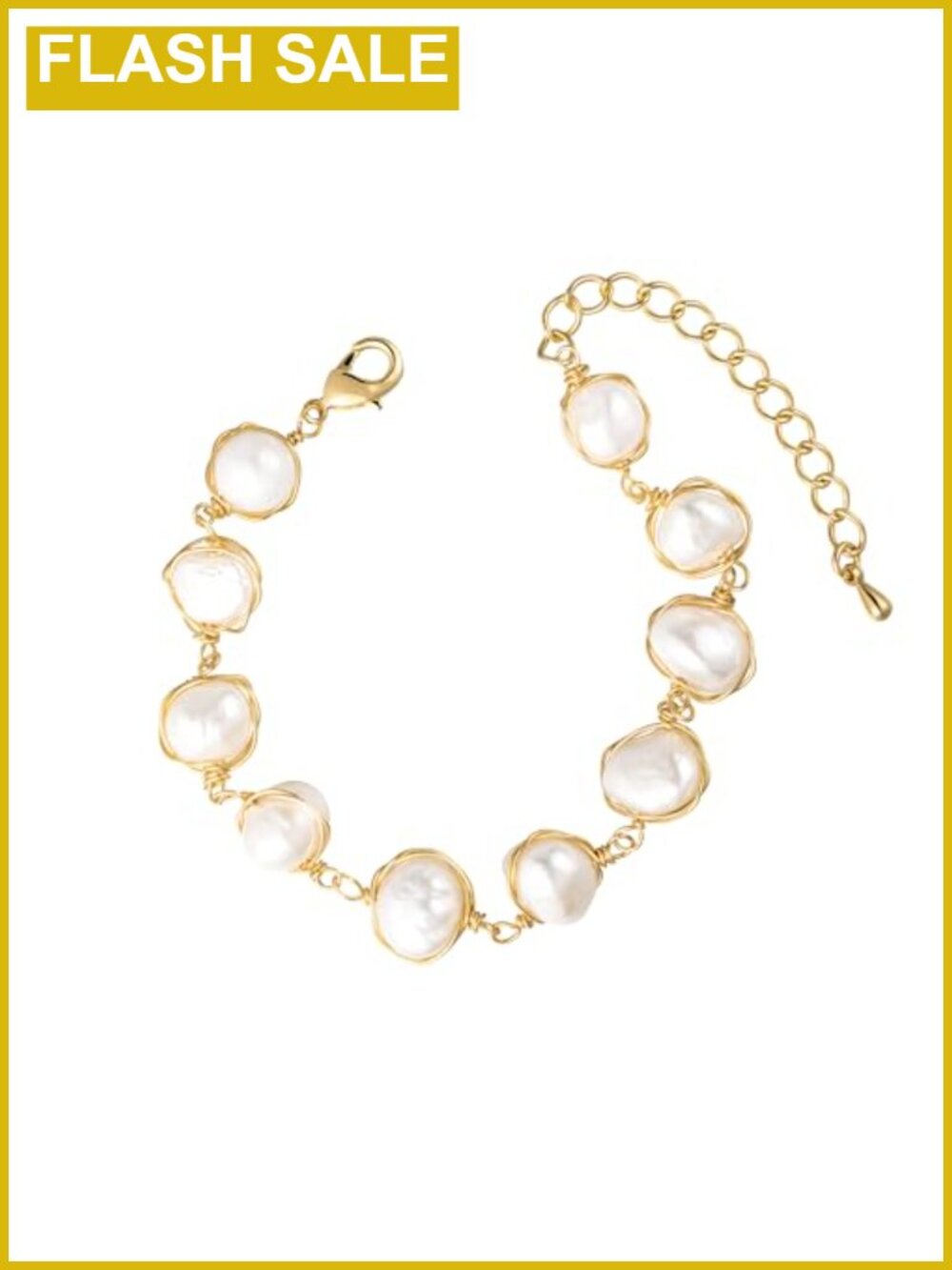 14K Gold Plated Baroque Cultured Pearl Beaded Link Charm Bracelet
